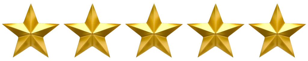 Five gold stars in a row representing a five-star rating