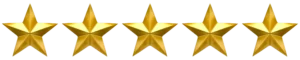 Five gold stars in a row representing a five-star rating
