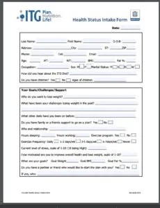 ITG Plan Nutrition Life Health Status Intake Form with fields for personal information, health metrics, and dietary goals
