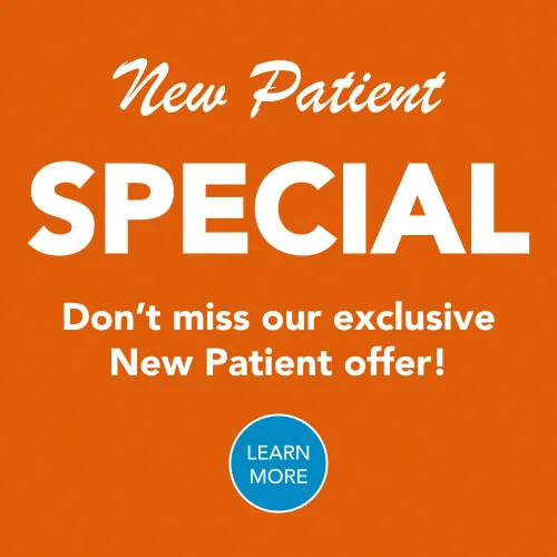 New Patient Special promotional banner with Learn More button on orange background