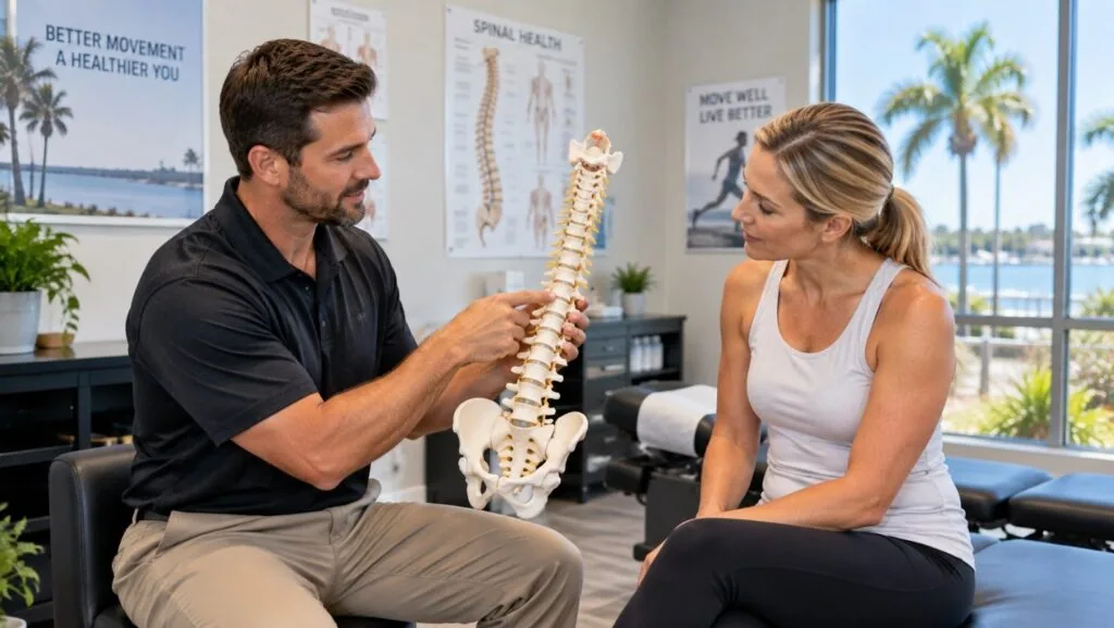 Chiropractor and patient reviewing a spine model together in a bright Dunedin, FL treatment room while discussing care options