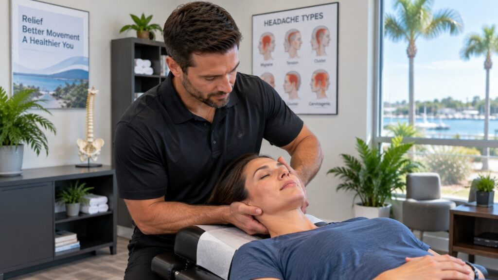 Chiropractor performing a cervical spine adjustment on a patient in Dunedin, FL, with a headache-types reference chart in the background