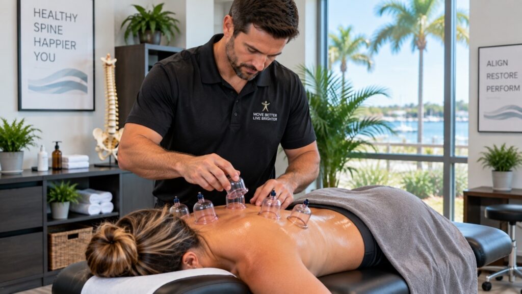 Chiropractor applying cupping therapy suction cups to a patient's back as a complement to chiropractic adjustments in Dunedin, FL