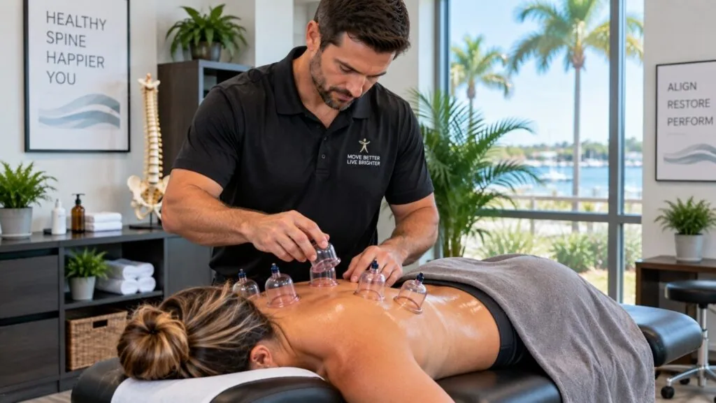 Chiropractor applying cupping therapy suction cups to a patient's back as a complement to chiropractic adjustments in Dunedin, FL