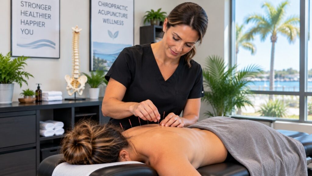 Chiropractic clinic practitioner inserting acupuncture needles into a patient's upper back during a combined acupuncture and chiropractic visit in Dunedin, FL
