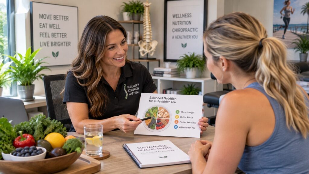 Certified nutrition coach reviewing a balanced nutrition plate diagram with a patient at Hayes Family Chiropractic in Dunedin, FL